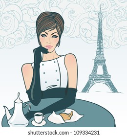 Beautiful brunette girl in the street cafe in Paris drinking coffee. Vector illustration.