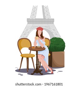 Beautiful brunette girl in a street cafe in Paris, drinking coffee and eating a croissant. Dkvushka in a red beret and faucet shoes. Parisian. Cartoon style. Concept. Vector illustration.