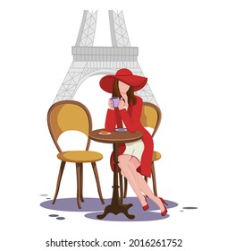 Beautiful brunette girl in a street cafe in Paris, drinking coffee and eating a croissant. Girl in a red hat, coat, and shoes. Parisian. Cartoon style. Concept. Vector illustration.