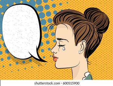 Beautiful brunette girl in style pop art crying pop art woman. Comic book halftone background. Retro texture backdrop. Empty blank speech bubble. Pop art woman vector illustration.