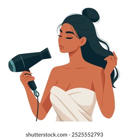 Beautiful brunette girl in a towel dries her long black hair with a hairdryer. Vector illustration isolated on a white background.