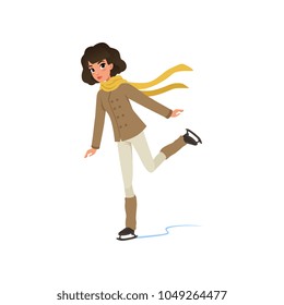 Beautiful brunette girl in warm clothes ice skating vector Illustration on a white background