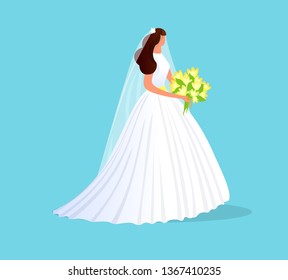 Beautiful Brunette Girl in White Wedding Dress with Lace, Veil and Bouquet of Flowers in Hands Isolated on Blue Background. Faceless Character of Bride Woman. Wedding. Cartoon Flat Vector Illustration