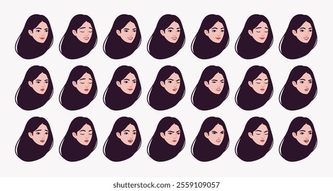 Beautiful brunette girl, young businesswoman, avatar emotions, confident portrait set, female leader bundle. Different feelings face icons, player character mood, user pic circles. Vector illustration