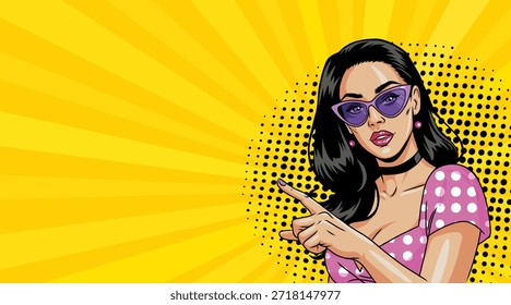 Una hermosa morena en gafas apunta a algo en un estilo de arte pop