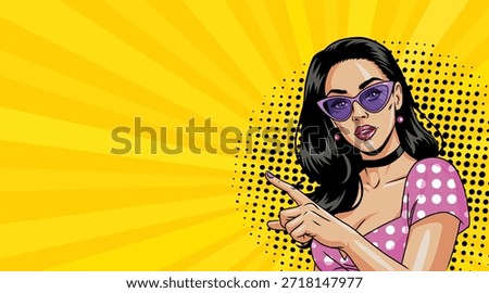 A beautiful brunette in glasses points at something in a pop art style