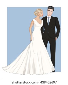 Beautiful brunette groom in leisure suit and feminine blond bride with closed eyes in stylish wedding dress,vector