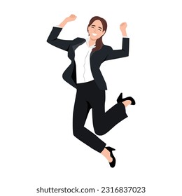 Beautiful brunette happy businesswoman jumping wearing suit. Flat vector illustration isolated on white background