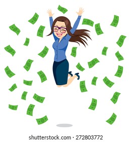 Hermosa mujer de negocios feliz saltando rodeada de billetes de dinero verde cayendo