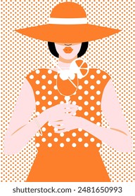 Beautiful brunette in a hat and polka dot dress with a cocktail. Summer, summer time. Theme of rest and vacation. Pop art style illustration. Vector illustration