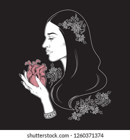 Beautiful brunette with heart in her hands line art and dot work vector illustration. Boho chic tattoo, sticker, poster, tapestry or altar veil print design