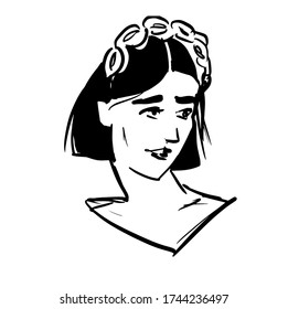 Beautiful brunette. Illustration of a fashion model with beautiful hairstyle. Vector illustration on white background. For cards, posters, decor it can be used as a print for t-shirts and bags.