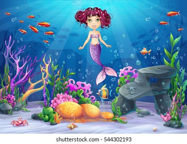 Beautiful brunette mermaid, coral and colorful reefs and algae on sand. Vector illustration of sea landscape.