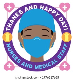 Beautiful brunette nurse, inside a button decorated with lamps, hearts and gratitude message for nurses and medical staff.
