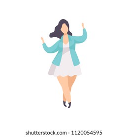 Beautiful brunette plus size woman in fashionable clothes, curvy, overweight girl, body positive vector Illustration on a white background