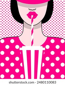 Beautiful brunette in a polka dot dress with a cocktail. Summer, summer time. The theme is rest and vacation. Illustration in pop art style. Vector illustration