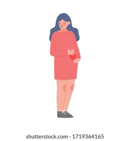 Beautiful Brunette Pregnant Woman Touching her Belly, Happy Parenthood Vector Illustration