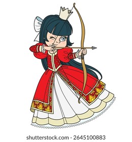 Beautiful brunette princess archer aims an arrow from a drawn bow on white background 
