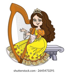 Beautiful brunette princess in yellow dress playing the celtic harp on white background