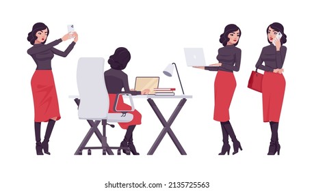 Beautiful brunette secretary, business lady, businesswoman bundle busy with gadgets. Smart manager, office girl. Vector flat style cartoon character set isolated on white background, different poses