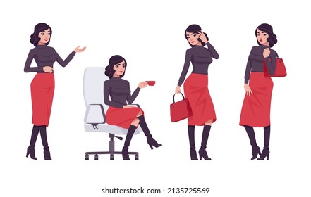 Beautiful brunette secretary, business lady, elegant businesswoman bundle positive emotions. Smart office girl. Vector flat style cartoon character set isolated on white background, different poses