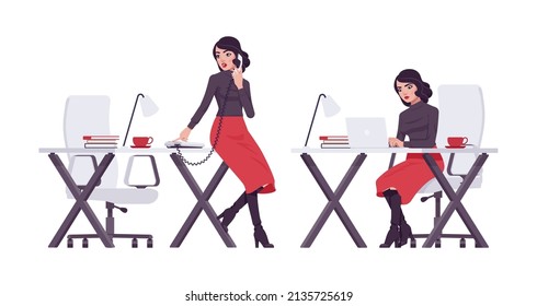 Beautiful brunette secretary, business lady, businesswoman bundle busy at workplace. Smart manager, office girl. Vector flat style cartoon character set isolated on white background, different poses