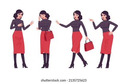 Beautiful brunette secretary, business lady, businesswoman bundle negative emotions. Smart manager, office girl. Vector flat style cartoon character set isolated on white background, different poses