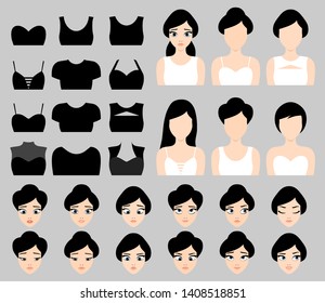 Beautiful brunette vector girl constructor set with clothes, hairstyles and facial expressions. Character design vector isolated elements, interchangeable and full editable 