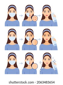 A beautiful brunette wears a medical mask.Skin problems.Pimples, close-up pimples and sunburn, clean face. Flat cartoon color style.White background.Vector illustration.