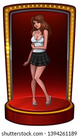 Beautiful brunette in white T-shirt and mini skirt on scene. Vector illustration