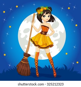 Beautiful brunette witch with a broom standing on Halloween sky background