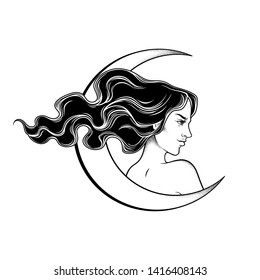 Beautiful brunette witch and the crescent moon line art and dot work. Boho chic tattoo, poster, tapestry or altar veil print design vector illustration.