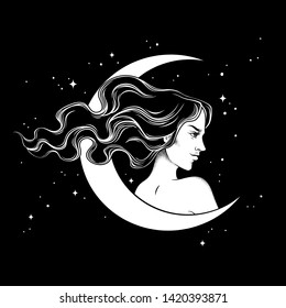 Beautiful brunette witch and the crescent moon line art and dot work. Boho chic tattoo, poster, tapestry or altar veil print design vector illustration