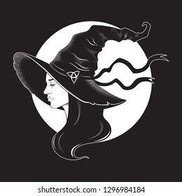 Beautiful brunette witch in pointy hat line art and dot work. Boho chic tattoo, poster, tapestry or altar veil print design vector illustration