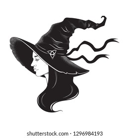 Beautiful brunette witch in pointy hat line art and dot work. Boho chic tattoo, poster, tapestry or altar veil print design vector illustration