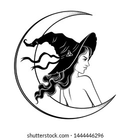 Beautiful brunette witch in pointy hat line art and dot work. Boho chic tattoo, poster, tapestry or altar veil print design vector illustration