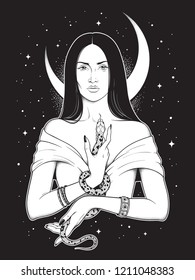 Beautiful brunette witch with serpent in her hands and crescent moon above her head line art and dot work. Boho chic tattoo, poster, tapestry or altar veil print design vector illustration