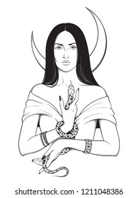 Beautiful brunette witch with serpent in her hands and crescent moon above her head line art and dot work. Boho chic tattoo, poster, tapestry or altar veil print design vector illustration