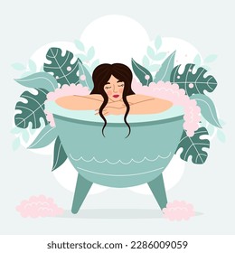 Beautiful brunette woman in bathtub with pink foam. Relaxation, spa, body care. Vector illustration in cartoon flat style.