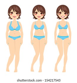 Beautiful brunette woman before and after diet