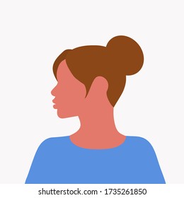 Beautiful brunette woman in blue clothes with a bun on her head on a white background. Brunette. The girl looks to the left. Vector illustration of a female face, portrait.