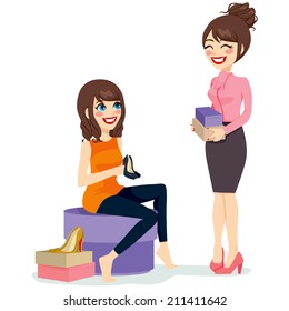 Beautiful brunette woman choosing a pair of black fashionable high heels shoes with assistance from sales clerk
