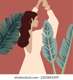 A beautiful brunette woman dances against the background of tropical forests. Warm vector illustration in flea style. A girl in a white dress and stylish jewellery. Mysterious woman Vector Space 