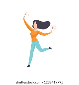 Beautiful brunette woman dancing with sparkler, girl celebrating holiday vector Illustration on a white background