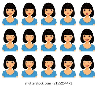 Beautiful brunette woman with different facial expressions. Emotions. Flat style on a white background. Cartoon