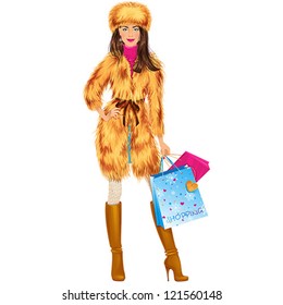 Beautiful Brunette Woman In Fur Coat And Hat With Shopping Bags. Isolated Vector Illustration.