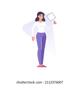 Beautiful brunette woman holding squared billboard with handle for announce advertising vector flat illustration. Happy business female performing empty space banner board for advertisement isolated