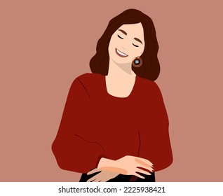 A beautiful brunette woman is laughing. A happy joyful woman in a red sweater. Emotions and happiness. Avatar for social networks. Vector illustration. Fashionable look of a girl 