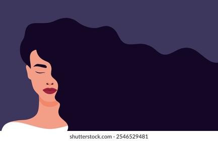 Beautiful brunette woman with long hair. Female with flowing hair beauty banner. For beauty salon, hair salon, Womens Day. Vector illustration