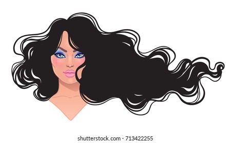 Beautiful brunette woman with long wavy hair flowing in the wind. Hair salon concept. vector illustration isolated. Portrait of a young Caucasian woman. Glamour Fashion concept.